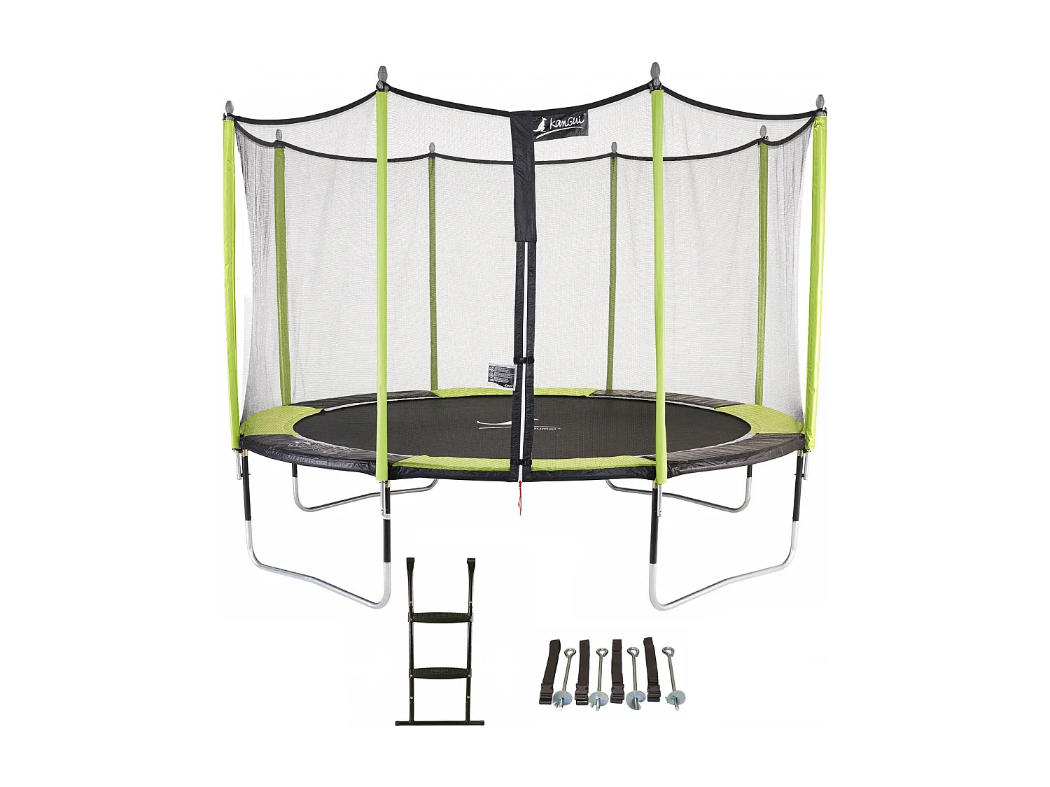Kangui - Trampoline de jardin 365 cm + filet de sécurité + échelle + kit d'ancrage  JUMPI Vert/Noir 360