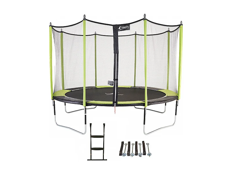 Kangui - Trampoline de jardin 365 cm + filet de sécurité + échelle + kit d'ancrage  JUMPI Vert/Noir 360