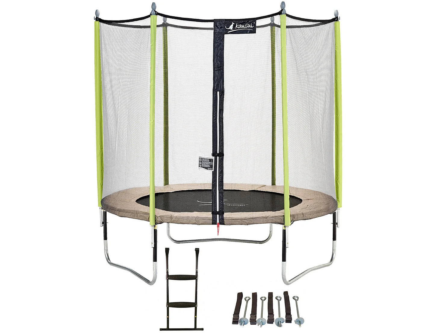 Kangui - Trampoline de jardin 244 cm + filet de sécurité + échelle + kit d'ancrage JUMPI Taupe/Vert 250