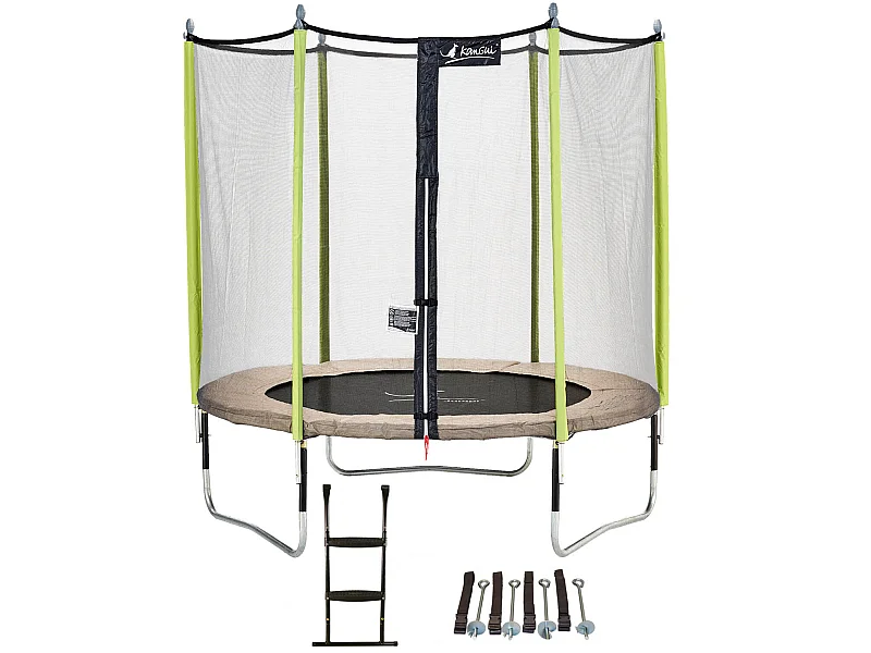 Kangui - Trampoline de jardin 244 cm + filet de sécurité + échelle + kit d'ancrage JUMPI Taupe/Vert 250