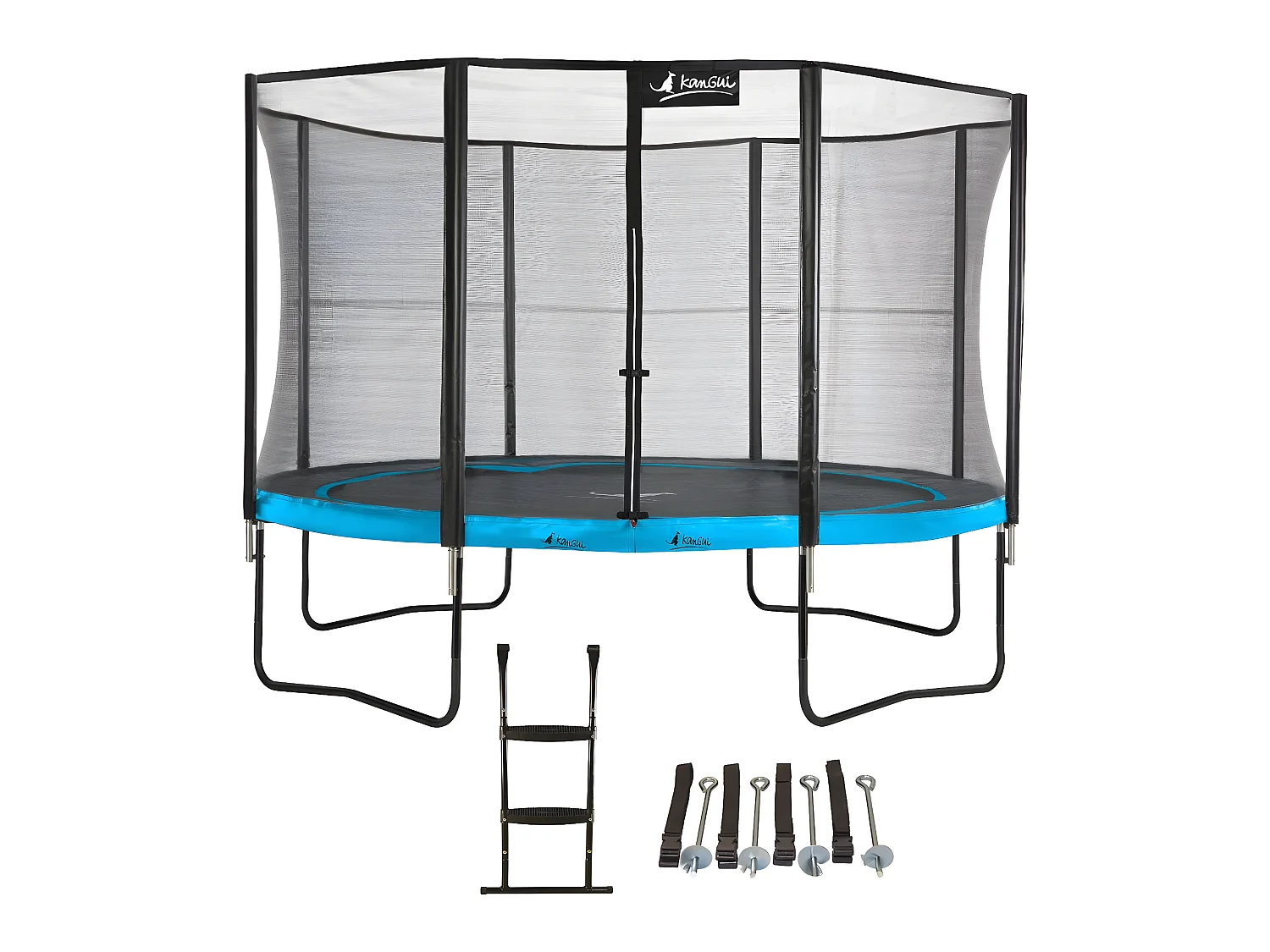 Kangui - Trampoline de jardin rond 430 cm + filet de sécurité + échelle + kit ancrage | PUNCHI Bleu 430