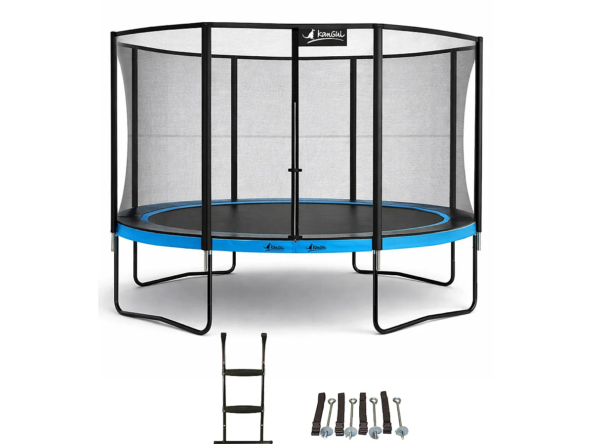 KANGUI Trampoline de jardin rond 430 cm + filet de sécurité + échelle + kit ancrage - PUNCHI Bleu 430