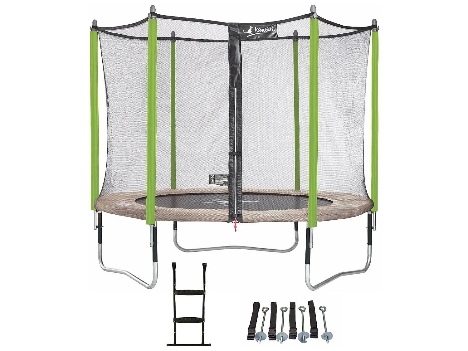 Kangui - Trampoline de jardin 305 cm + filet de sécurité + échelle + kit d'ancrage  JUMPI Taupe/Vert 300