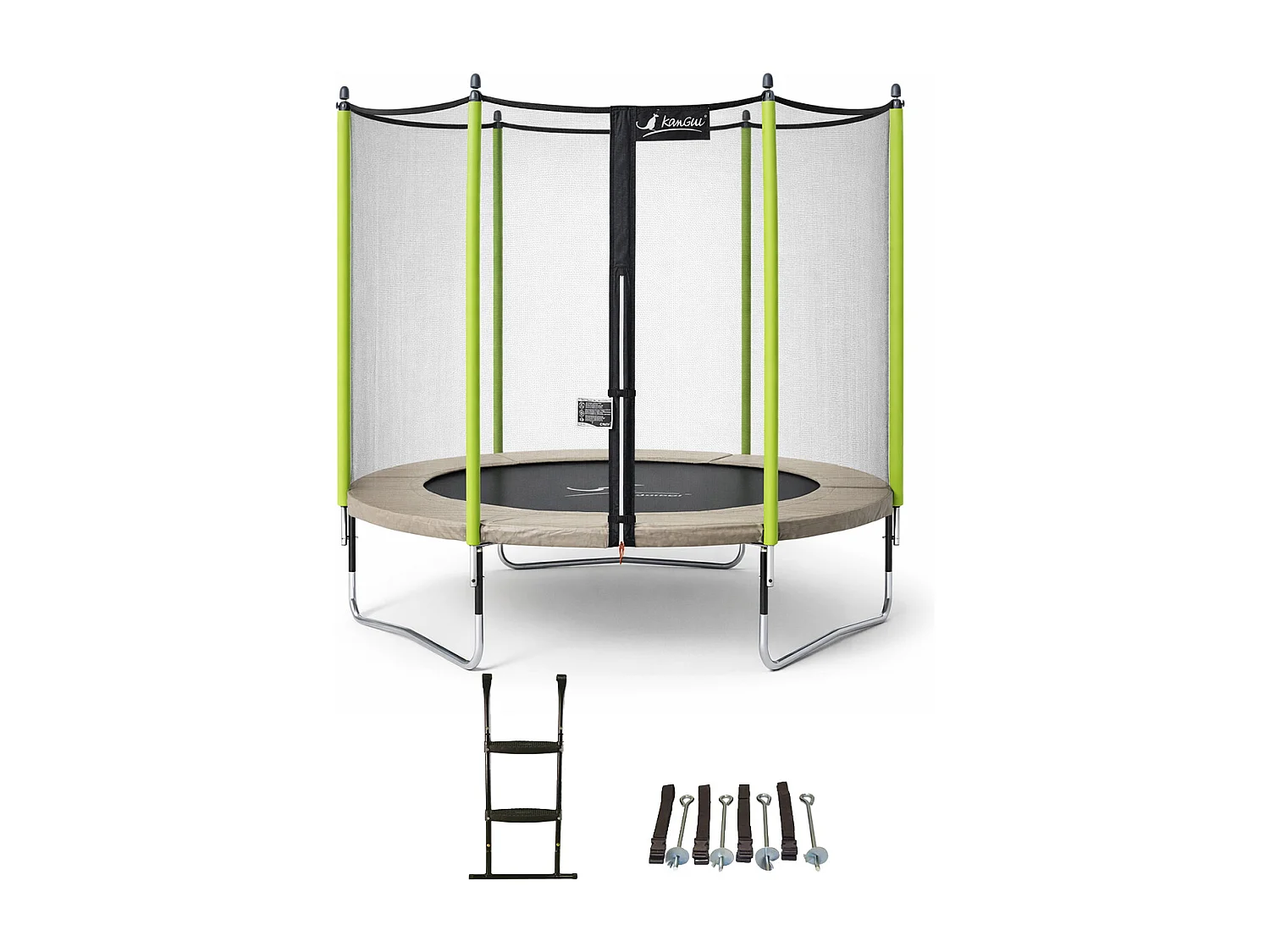 Kangui - Trampoline de jardin 305 cm + filet de sécurité + échelle + kit d'ancrage  JUMPI Taupe/Vert 300