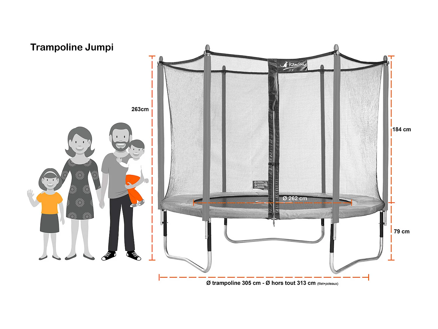 Kangui - Trampoline de jardin 305 cm + filet de sécurité + échelle + kit d'ancrage  JUMPI Taupe/Vert 300