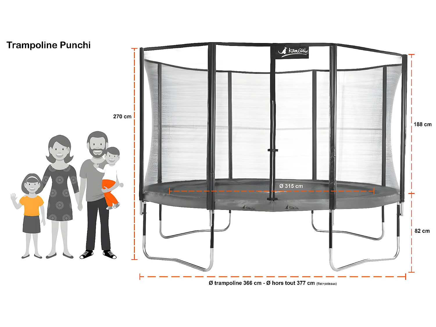 Kangui - Trampoline de jardin 365 cm + filet de sécurité + échelle | PUNCHI Bleu 360
