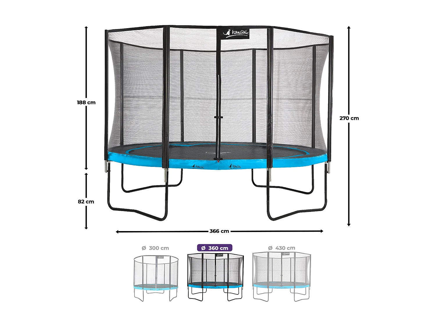 Kangui - Trampoline de jardin 365 cm + filet de sécurité + échelle | PUNCHI Bleu 360