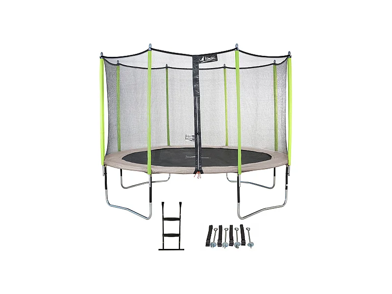 Kangui - Trampoline de jardin 365 cm + filet de sécurité + échelle + kit d'ancrage  JUMPI Taupe/Vert 360