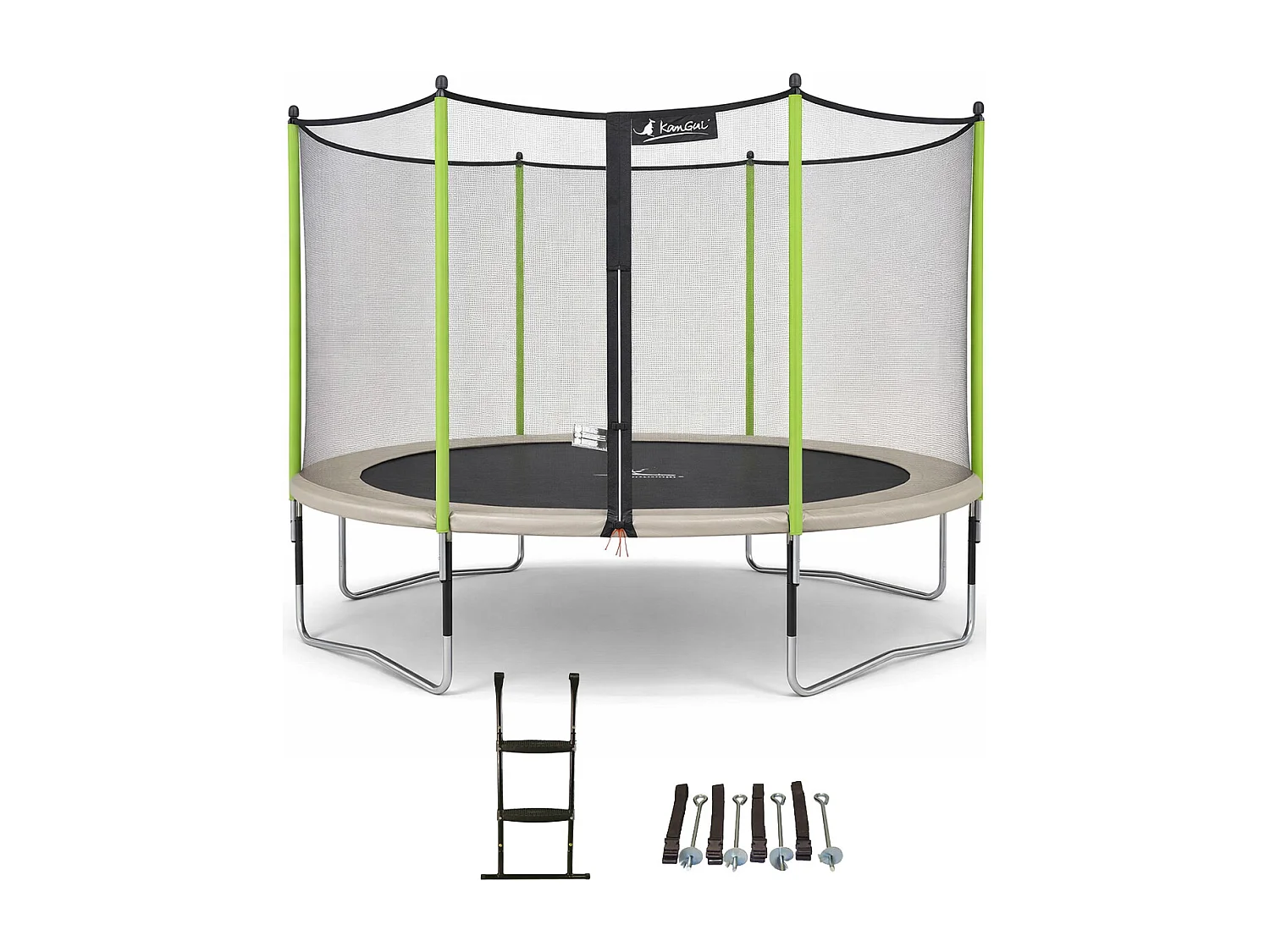Kangui - Trampoline de jardin 365 cm + filet de sécurité + échelle + kit d'ancrage  JUMPI Taupe/Vert 360