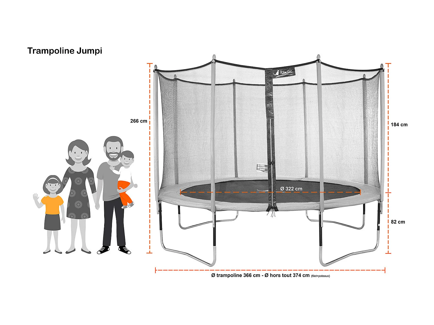 Kangui - Trampoline de jardin 365 cm + filet de sécurité + échelle + kit d'ancrage  JUMPI Taupe/Vert 360