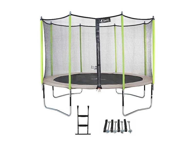 Kangui - Trampoline de jardin 365 cm + filet de sécurité + échelle + kit d'ancrage  JUMPI Taupe/Vert 360
