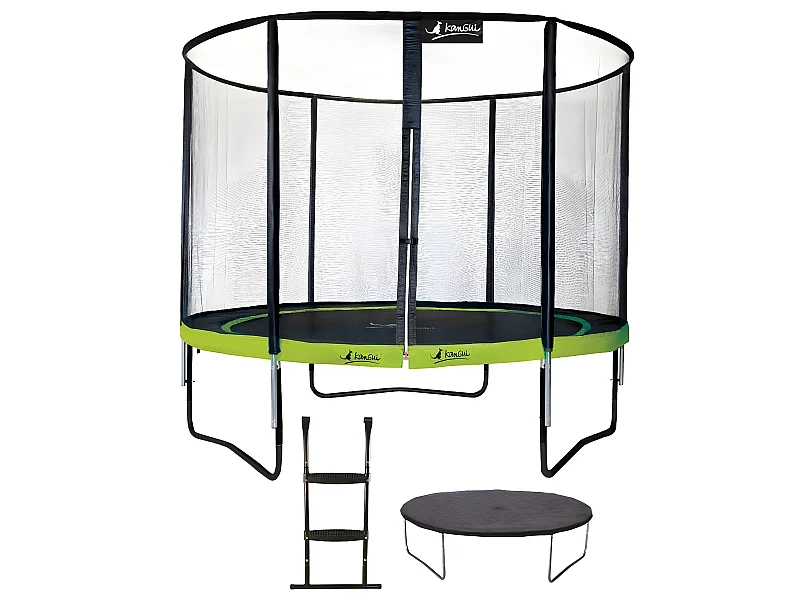 Kangui - Trampoline de jardin rond 305 cm + filet de sécurité + échelle + bâche de protection | PUNCHI Vert 300