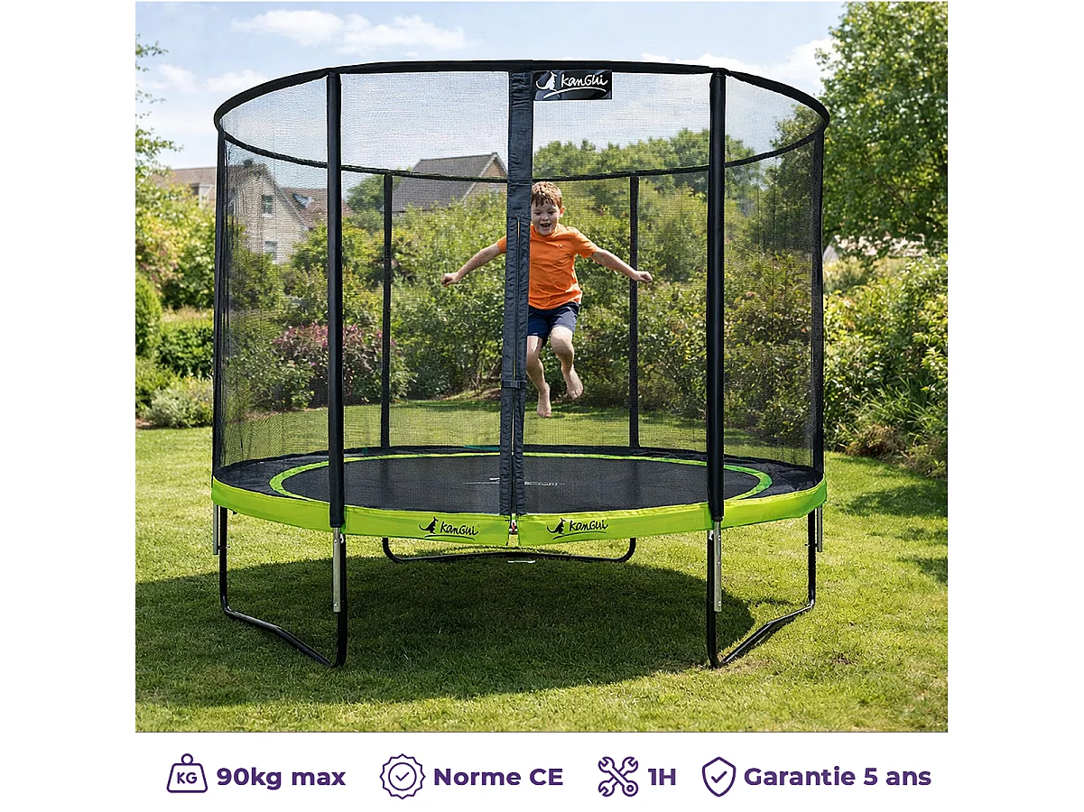 KANGUI Trampoline de jardin rond 305 cm + filet de sécurité + échelle + bâche de protection - PUNCHI Vert 300