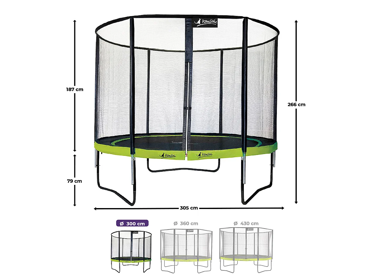 KANGUI Trampoline de jardin rond 305 cm + filet de sécurité + échelle + bâche de protection - PUNCHI Vert 300