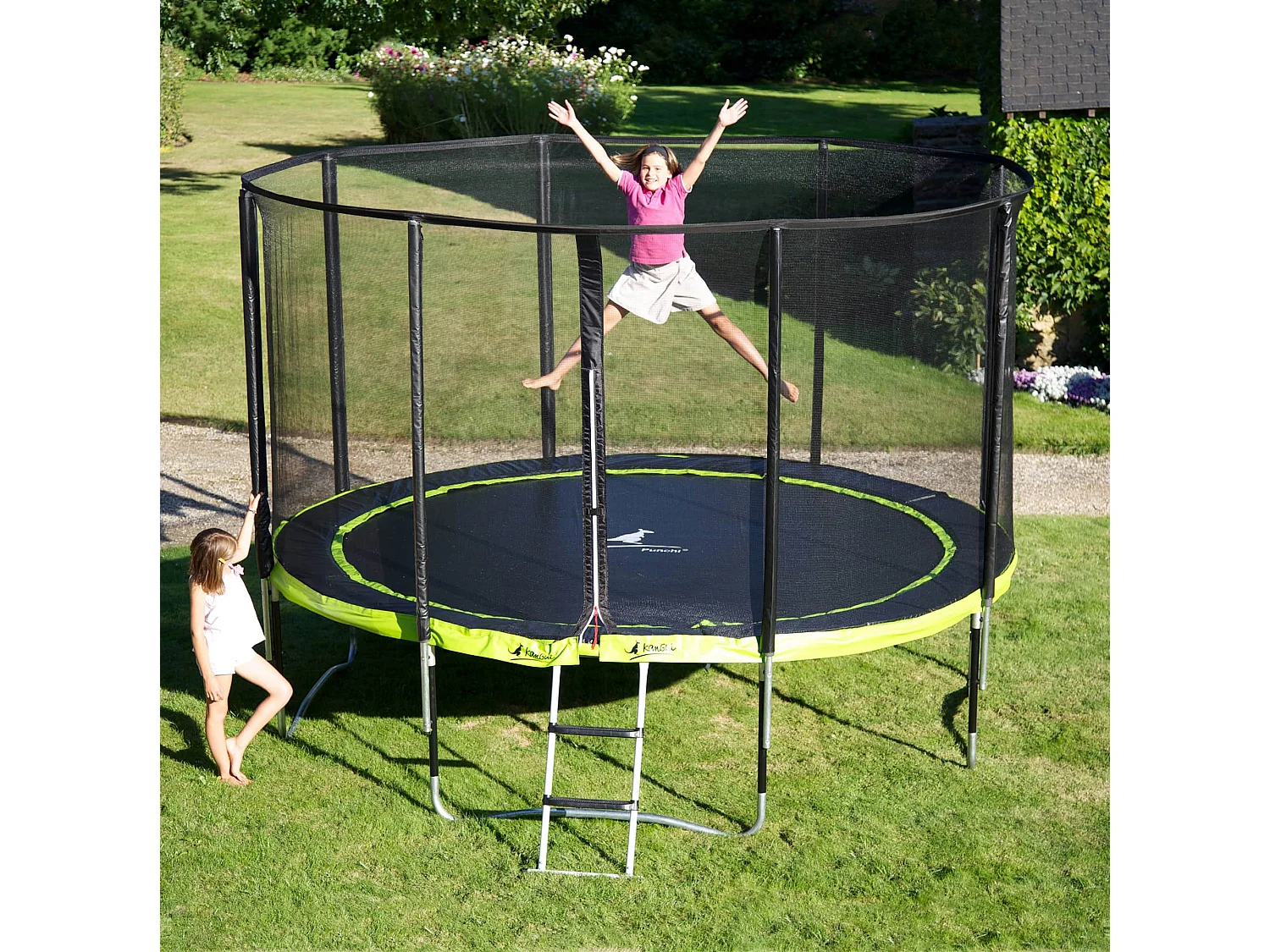 KANGUI Trampoline de jardin rond 305 cm + filet de sécurité + échelle + bâche de protection - PUNCHI Vert 300