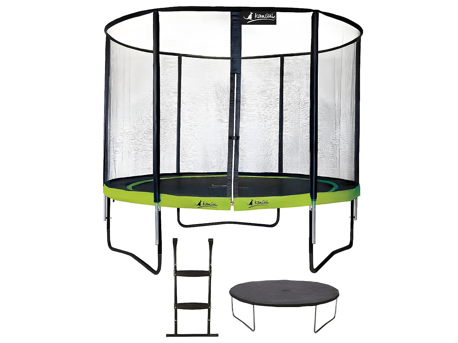 Kangui - Trampoline de jardin rond 305 cm + filet de sécurité + échelle + bâche de protection | PUNCHI Vert 300