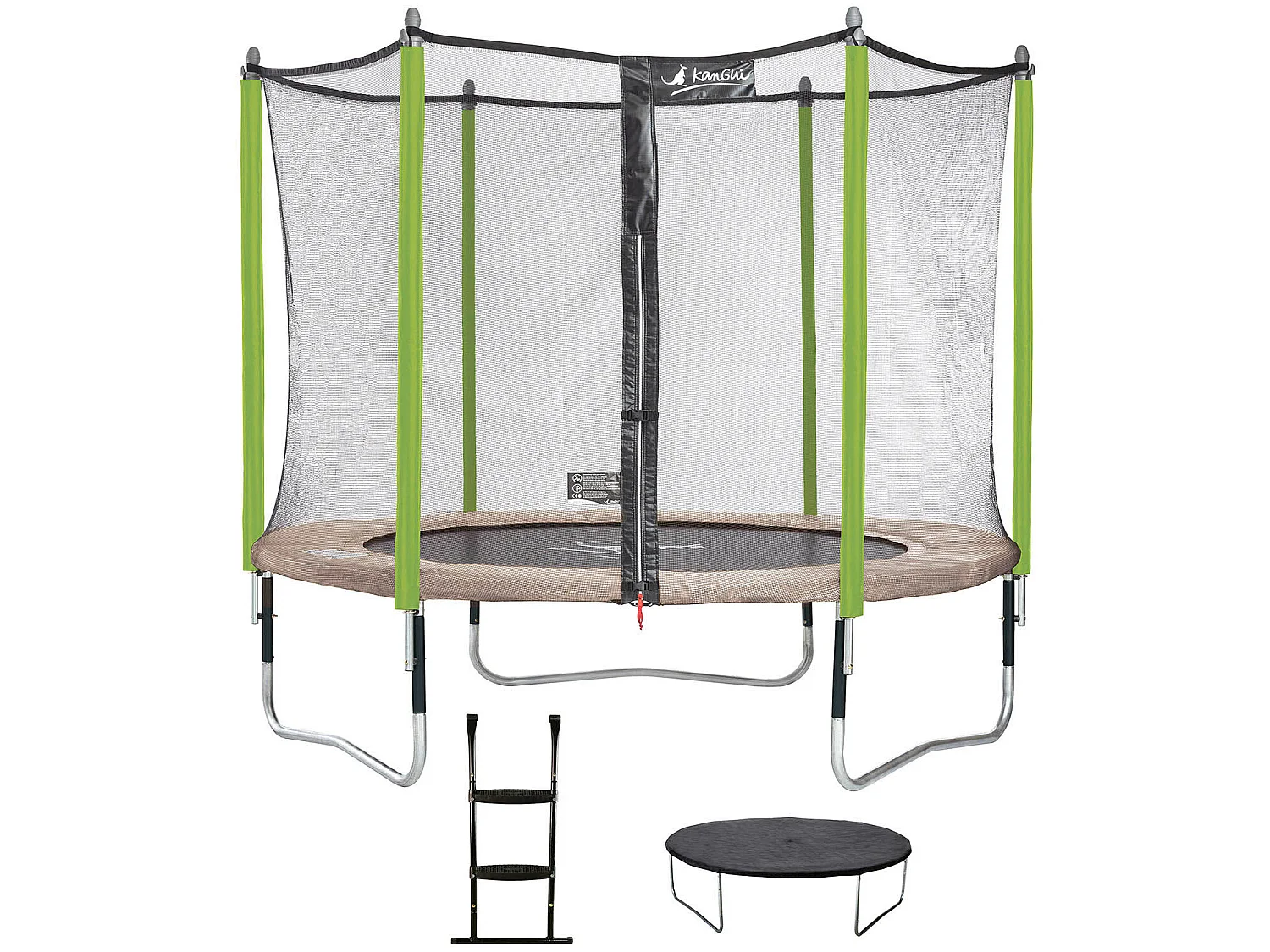 Kangui - Trampoline de jardin 305 cm + filet de sécurité + échelle + bâche de protection  JUMPI Taupe/Vert 300.