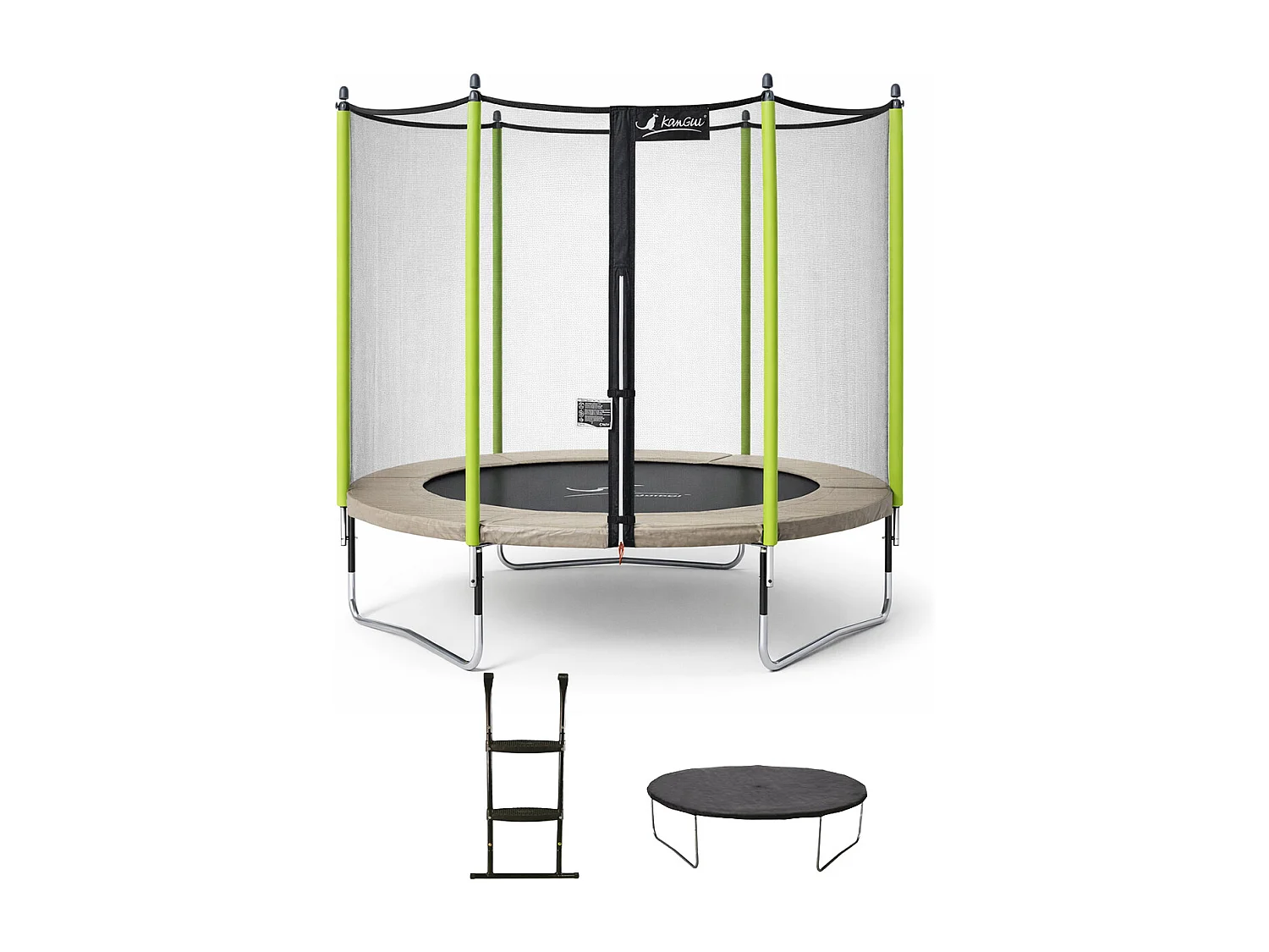KANGUI Trampoline de jardin 305 cm + filet de sécurité + échelle + bâche de protection  JUMPI Taupe/Vert 300.