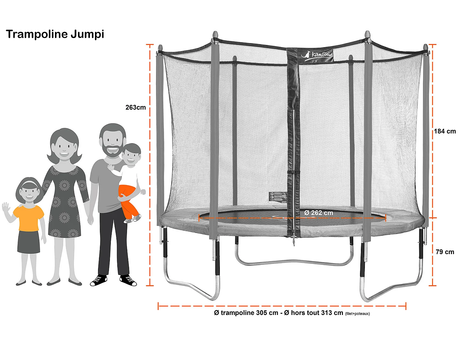 Kangui - Trampoline de jardin 305 cm + filet de sécurité + échelle + bâche de protection  JUMPI Taupe/Vert 300.