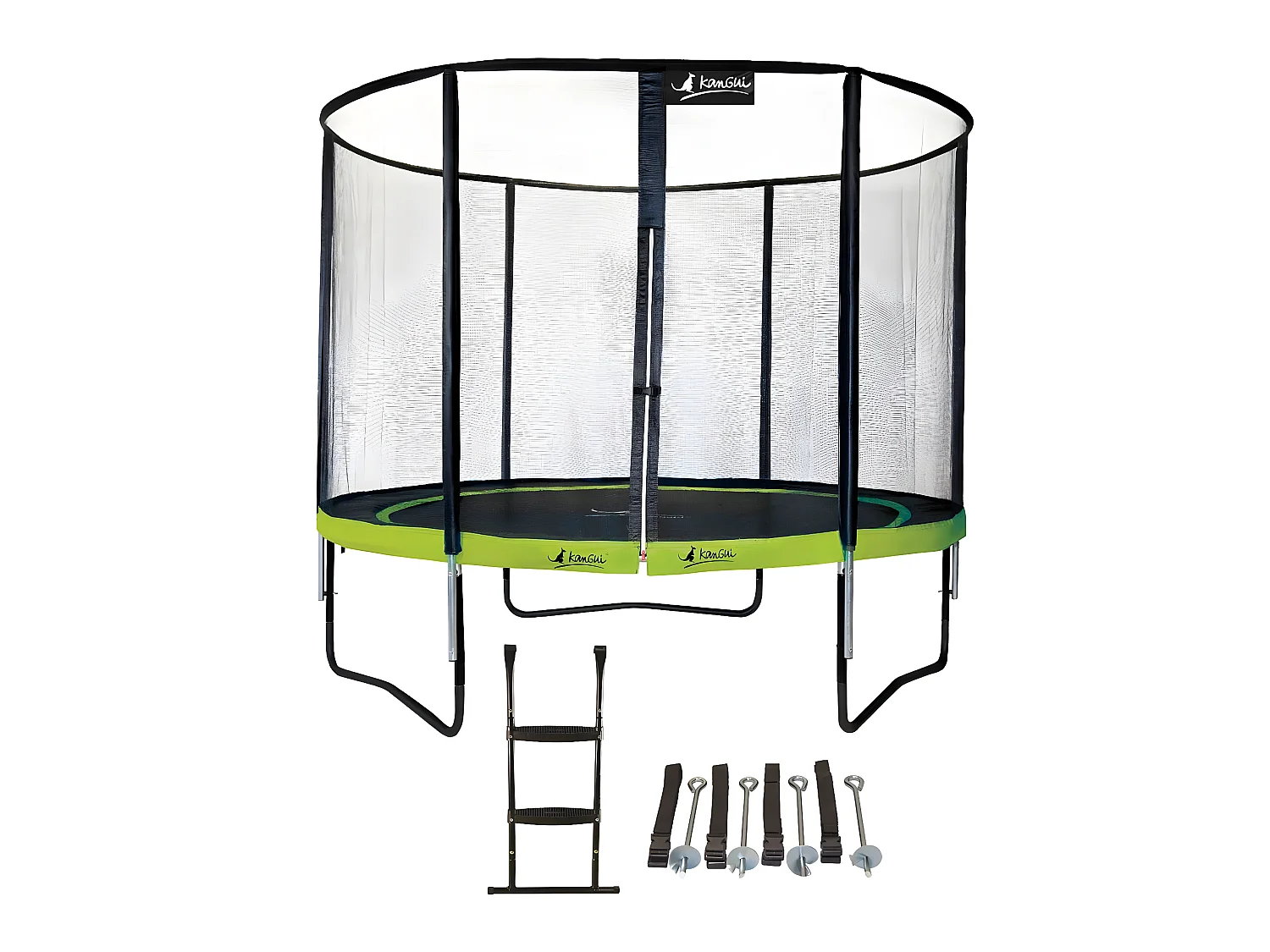 Kangui - Trampoline de jardin rond 305 cm + filet de sécurité + échelle + kit ancrage | PUNCHI Vert 300