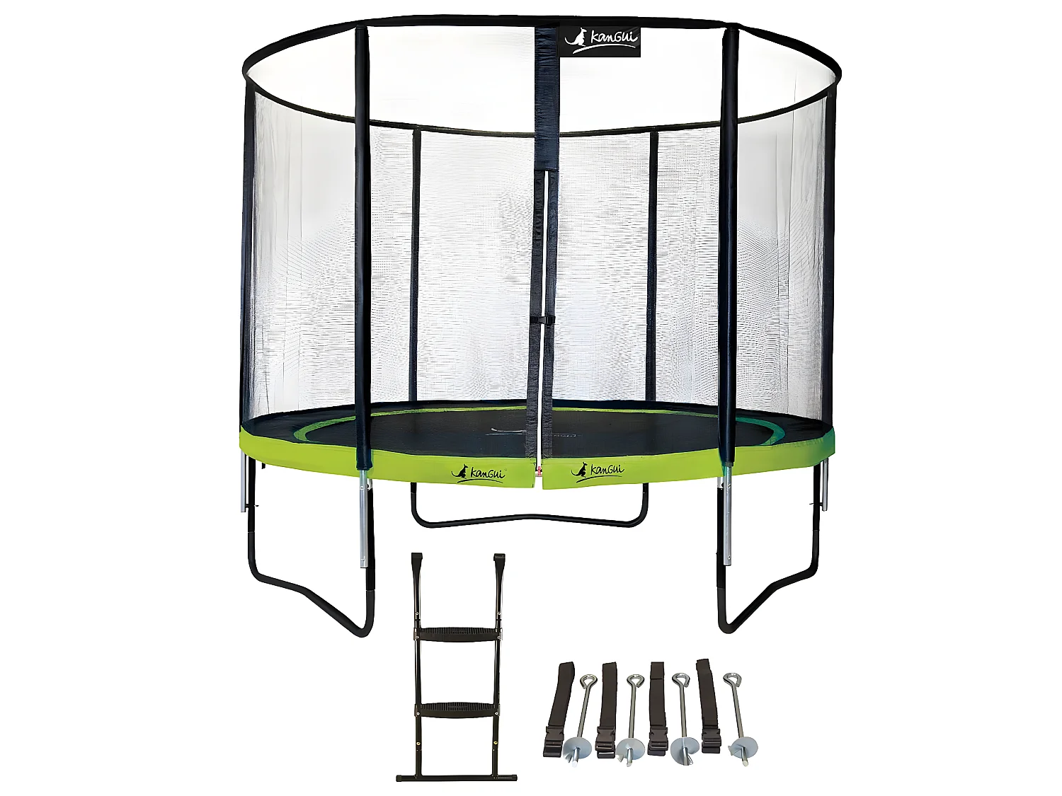 Kangui - Trampoline de jardin rond 305 cm + filet de sécurité + échelle + kit ancrage | PUNCHI Vert 300