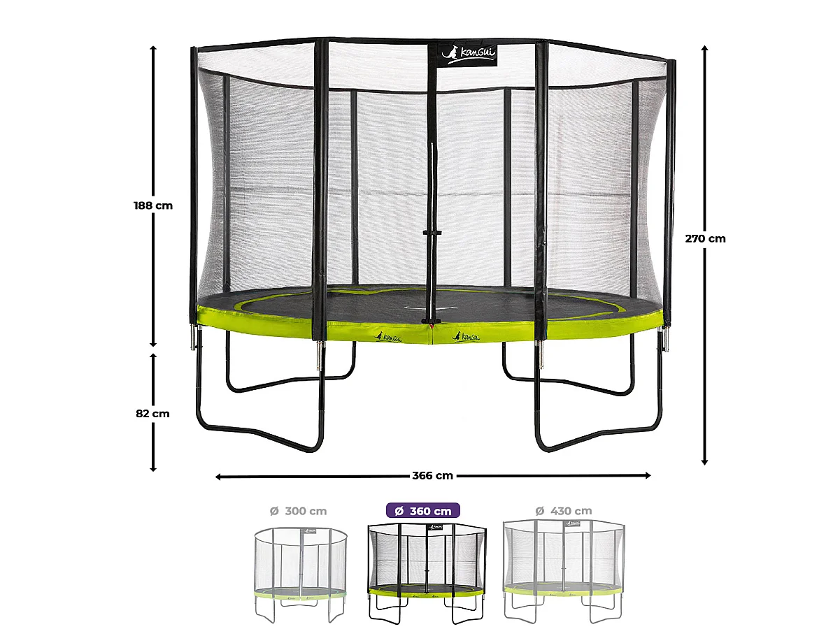 KANGUI Trampoline de jardin 365 cm + filet de sécurité + échelle + kit ancrage - PUNCHI Vert 360