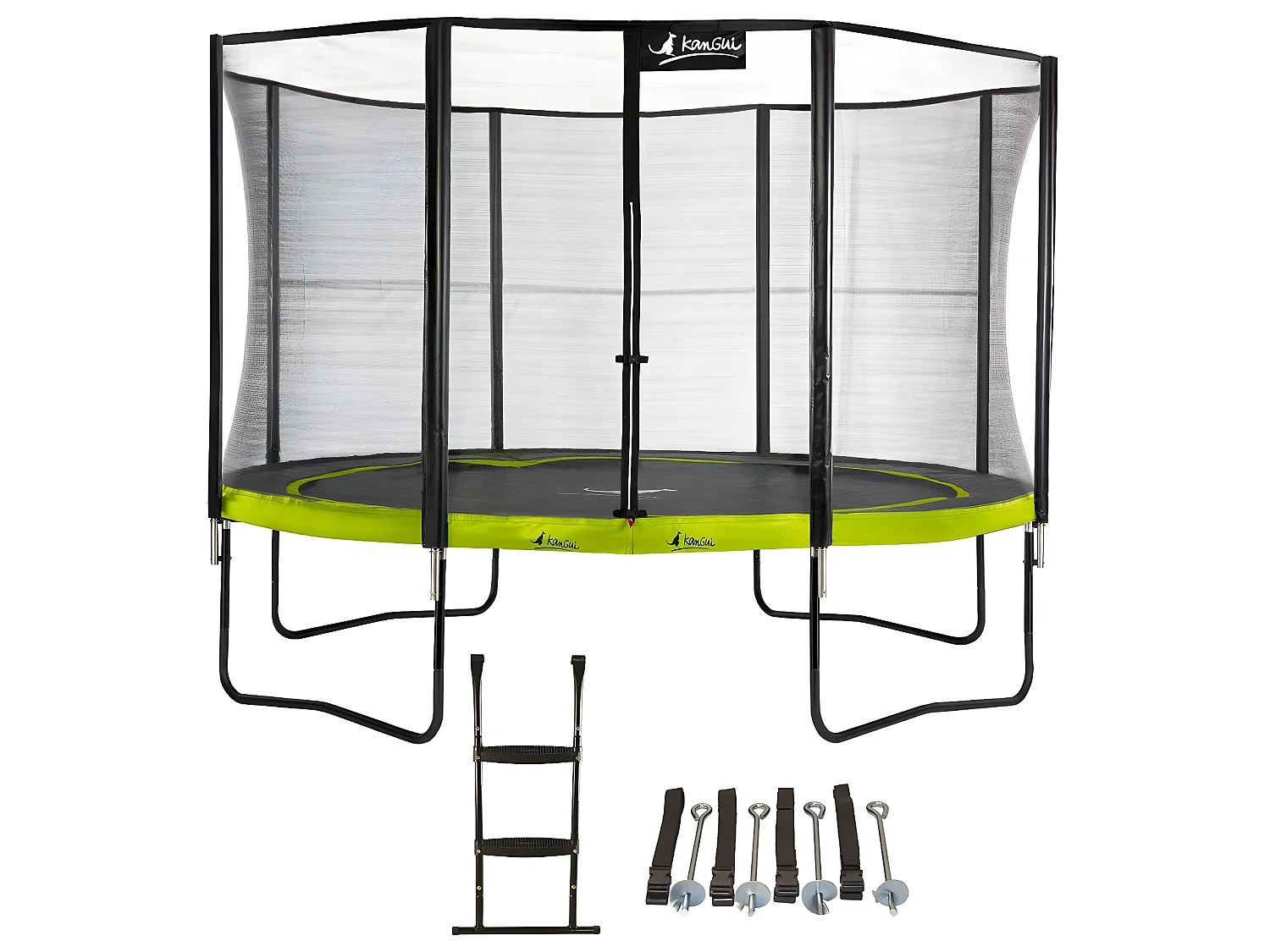 Kangui - Trampoline de jardin 365 cm + filet de sécurité + échelle + kit ancrage | PUNCHI Vert 360