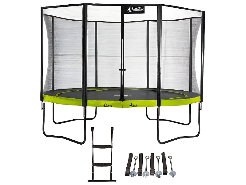 Kangui - Trampoline de jardin 365 cm + filet de sécurité + échelle + kit ancrage | PUNCHI Vert 360