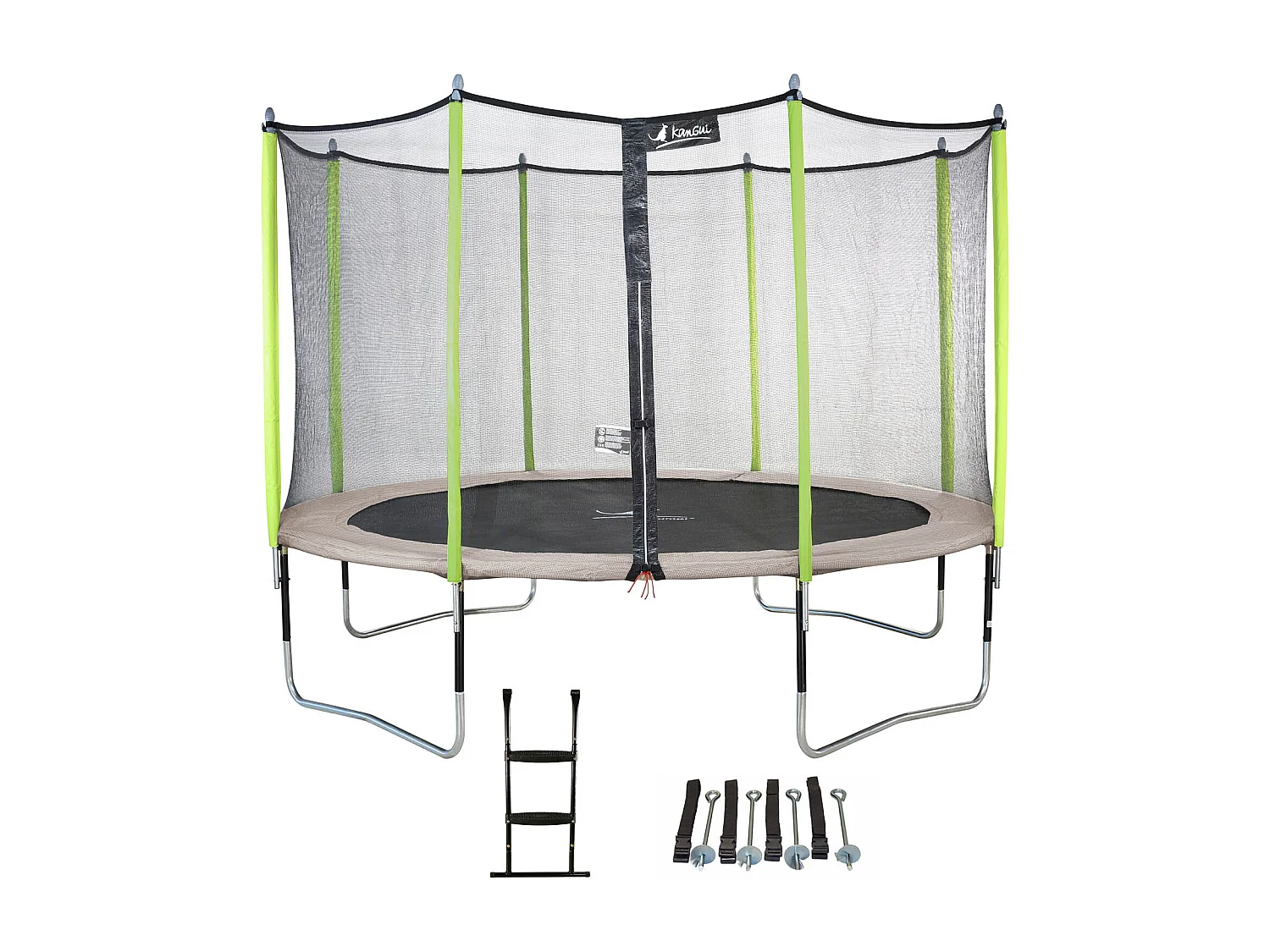 Kangui - Trampoline de jardin 426 cm + filet de sécurité + échelle + kit d'ancrage  JUMPI Taupe/Vert 430