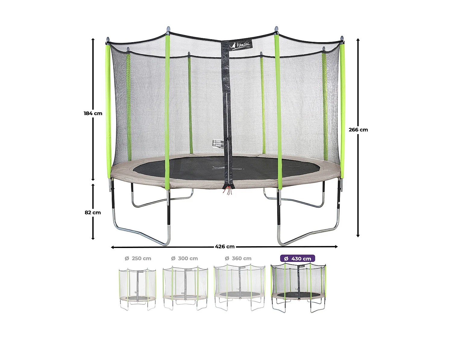Kangui - Trampoline de jardin 426 cm + filet de sécurité + échelle + kit d'ancrage  JUMPI Taupe/Vert 430