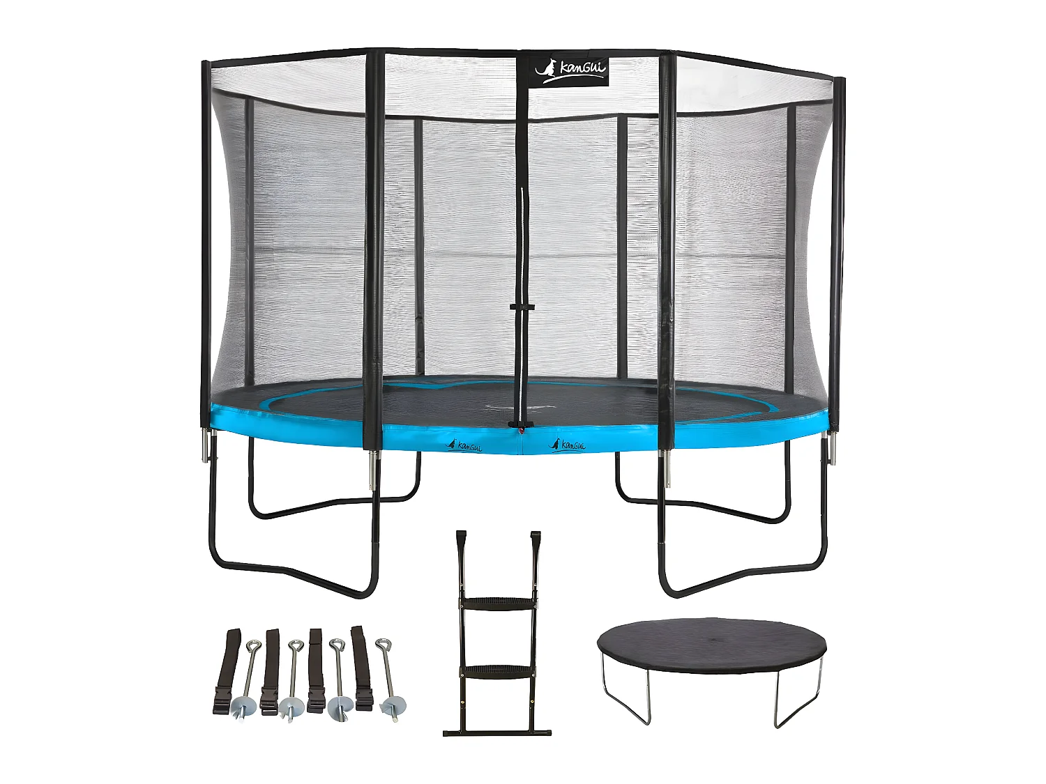 Kangui - Trampoline de jardin 365 cm + filet + échelle + bâche + kit ancrage | PUNCHI Bleu
