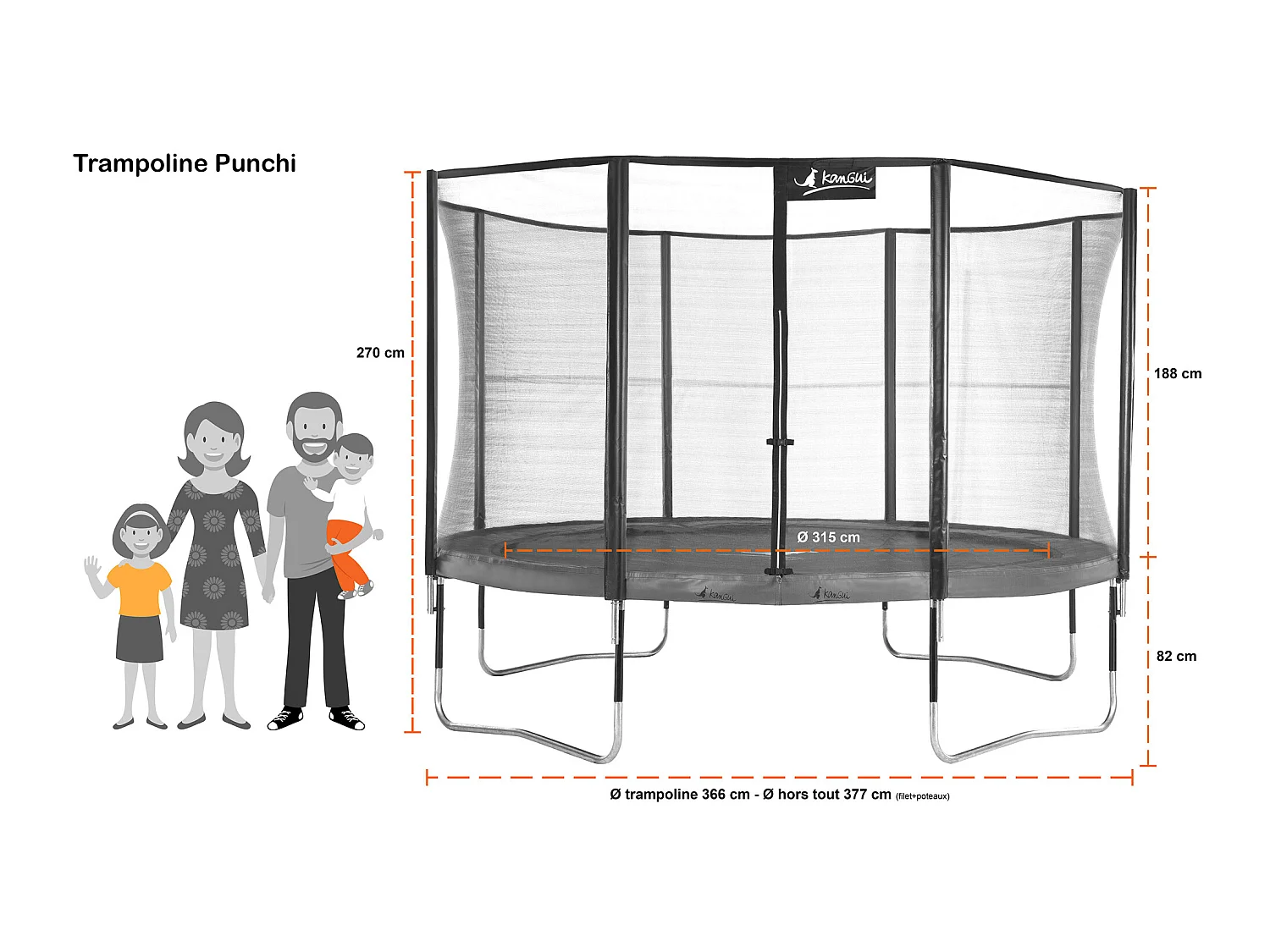 Kangui - Trampoline de jardin 365 cm + filet + échelle + bâche + kit ancrage | PUNCHI Bleu