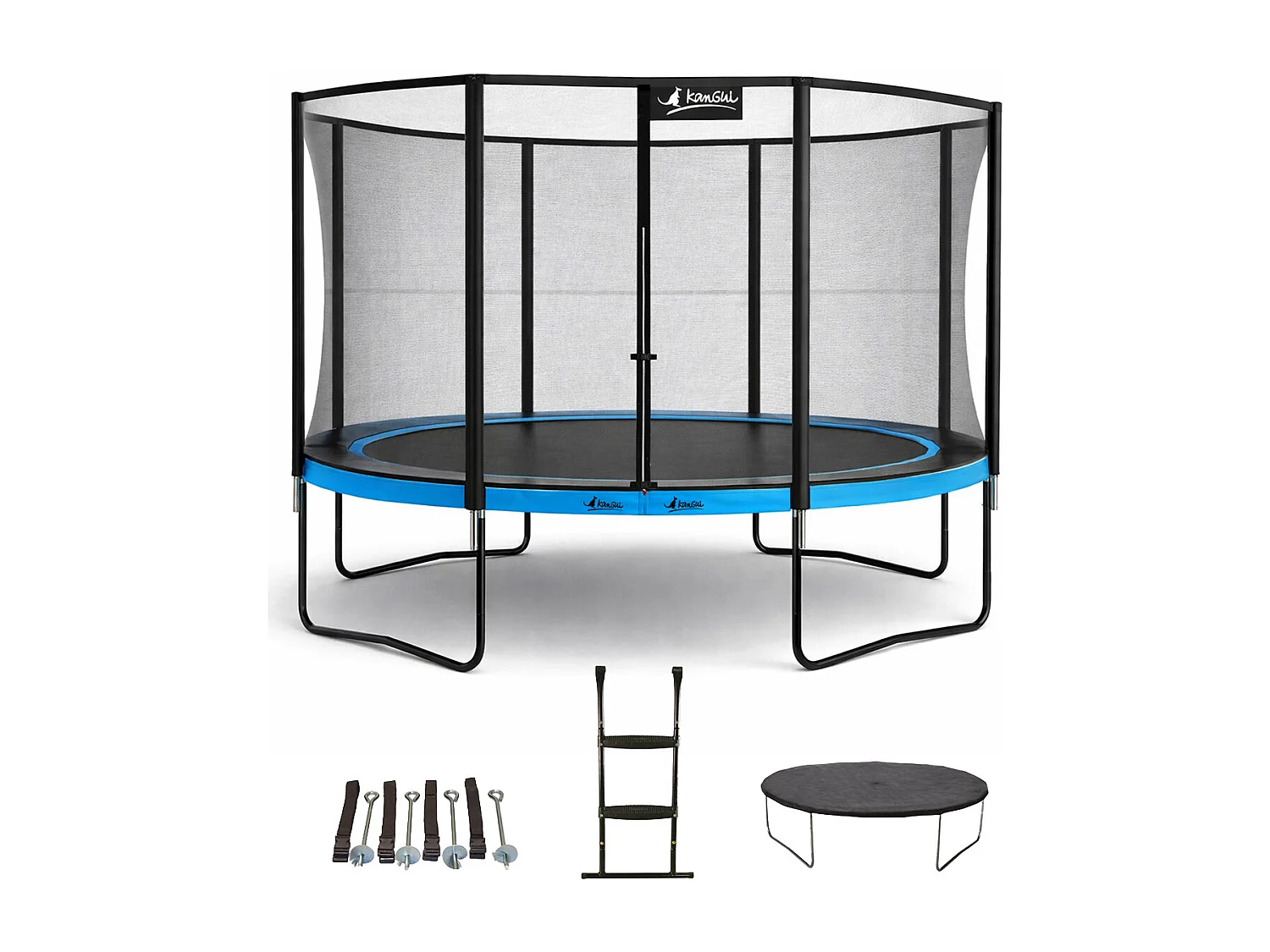 Kangui - Trampoline de jardin 365 cm + filet + échelle + bâche + kit ancrage | PUNCHI Bleu