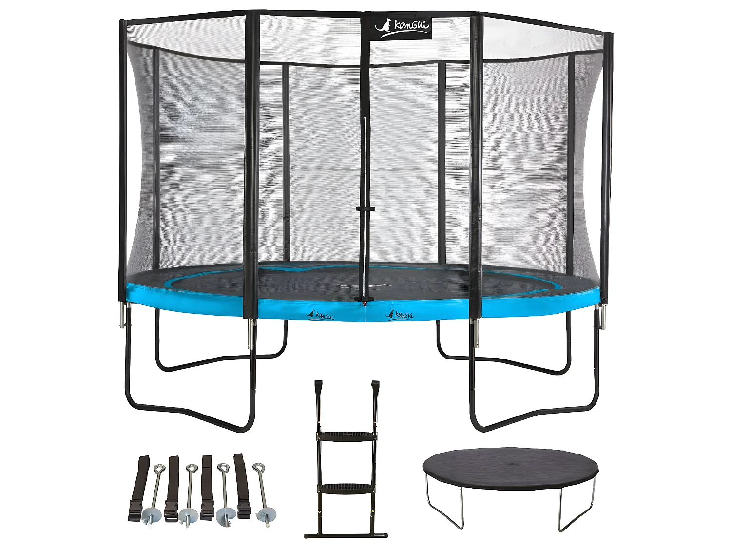 Kangui - Trampoline de jardin 365 cm + filet + échelle + bâche + kit ancrage | PUNCHI Bleu