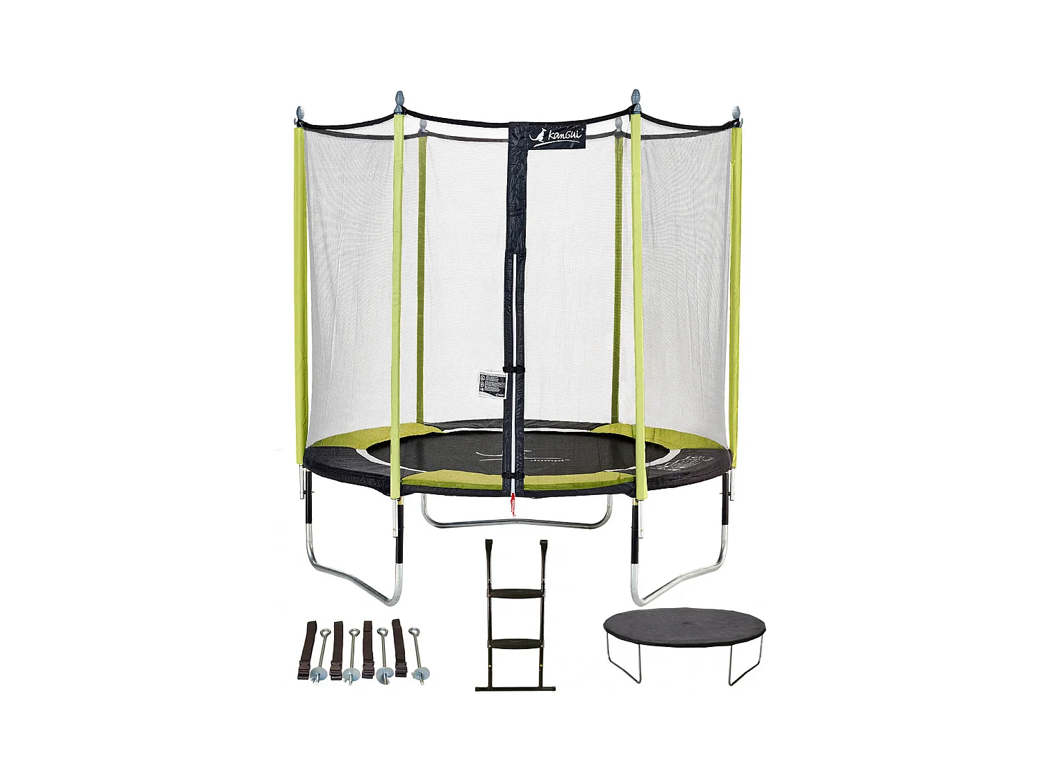 Kangui - Trampoline de jardin 244 cm + filet de sécurité + échelle + bâche de protection + kit d'ancrage JUMPI Vert/Noir 250
