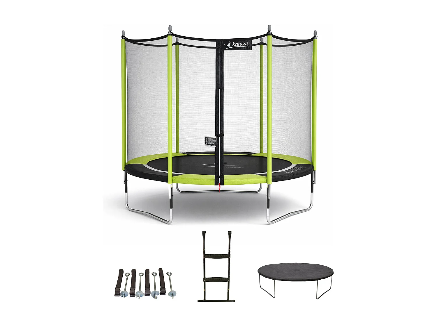 KANGUI Trampoline de jardin 244 cm + filet de sécurité + échelle + bâche de protection + kit d'ancrage JUMPI Vert/Noir 250