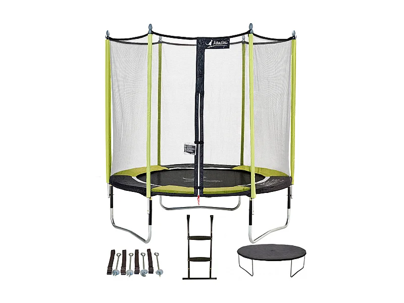 Kangui - Trampoline de jardin 244 cm + filet de sécurité + échelle + bâche de protection + kit d'ancrage JUMPI Vert/Noir 250