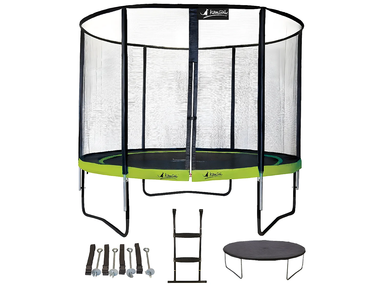 Kangui - Trampoline de jardin rond 305 cm + filet + échelle + bâche + kit ancrage | PUNCHI Vert