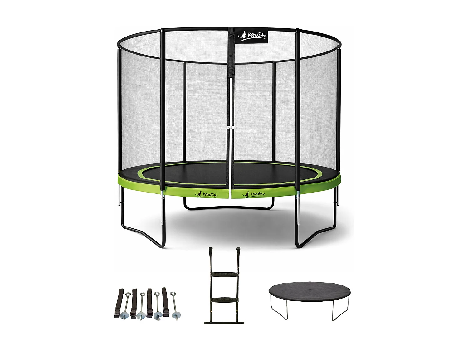 Kangui - Trampoline de jardin rond 305 cm + filet + échelle + bâche + kit ancrage | PUNCHI Vert