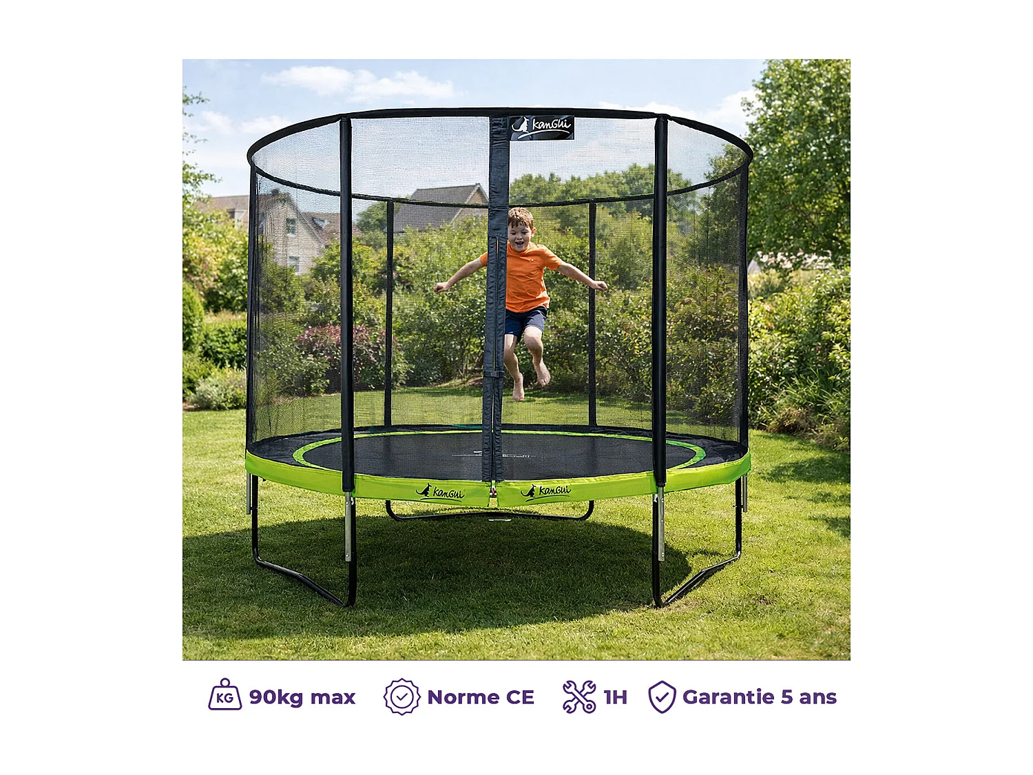 Kangui - Trampoline de jardin rond 305 cm + filet + échelle + bâche + kit ancrage | PUNCHI Vert