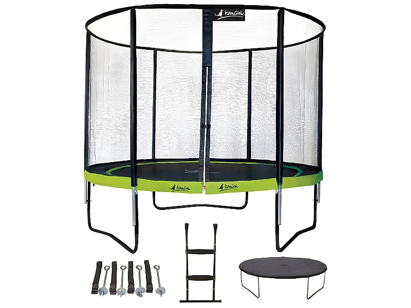 Kangui - Trampoline de jardin rond 305 cm + filet + échelle + bâche + kit ancrage | PUNCHI Vert