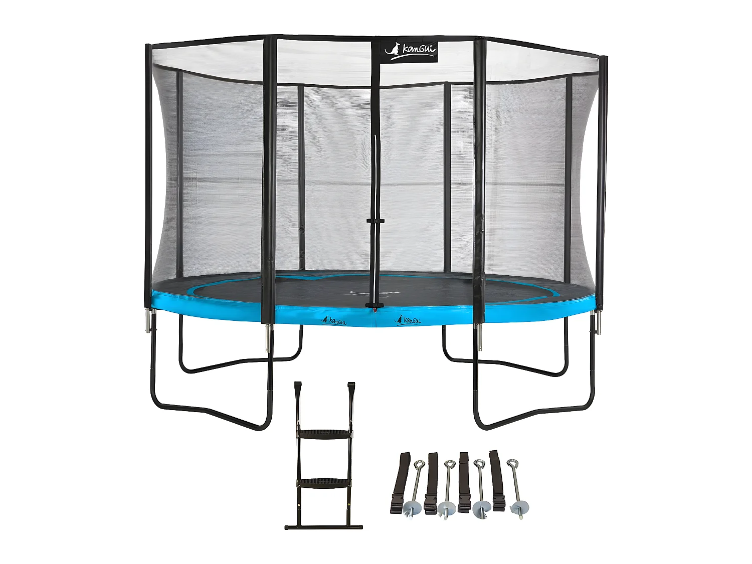 Kangui - Trampoline de jardin 365 cm + filet de sécurité + échelle + kit ancrage | PUNCHI Bleu 360