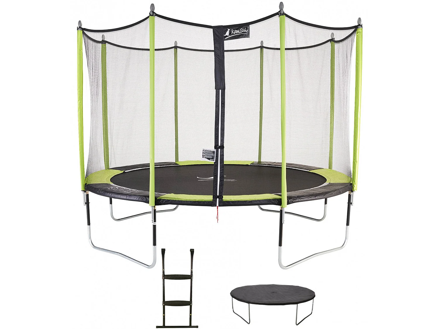 Kangui - Trampoline de jardin 365 cm + filet de sécurité + échelle + bâche de protection JUMPI Vert/Noir 360