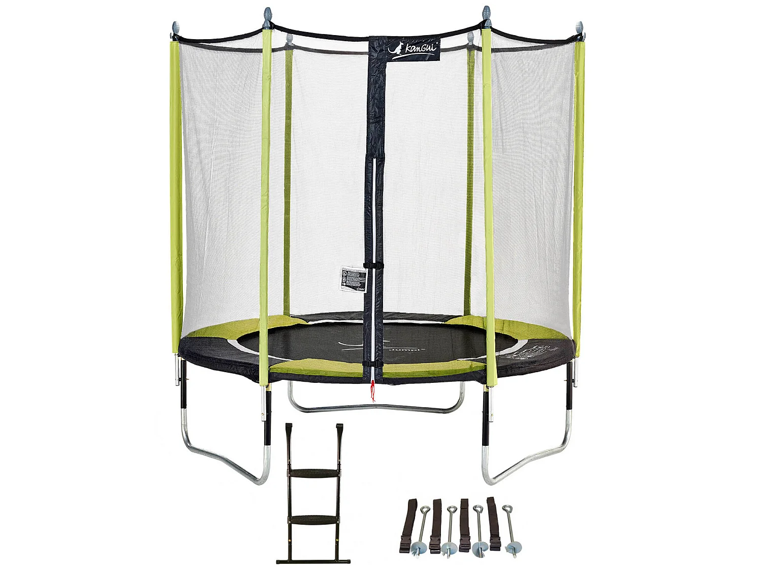 Kangui - Trampoline de jardin 244 cm + filet de sécurité + échelle + kit d'ancrage JUMPI Vert/Noir 250