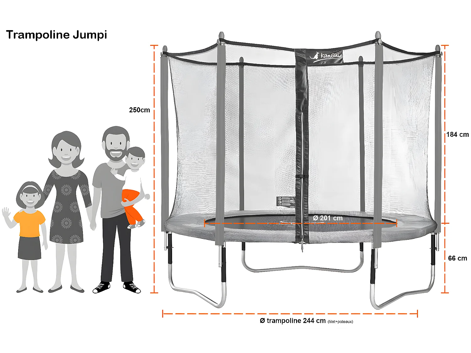 Kangui - Trampoline de jardin 244 cm + filet de sécurité + échelle + kit d'ancrage JUMPI Vert/Noir 250