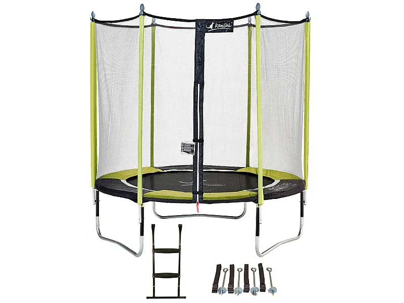 Kangui - Trampoline de jardin 244 cm + filet de sécurité + échelle + kit d'ancrage JUMPI Vert/Noir 250