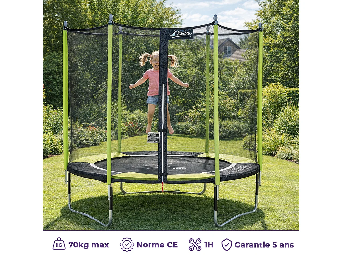 Kangui - Trampoline de jardin 244 cm + filet de sécurité + échelle JUMPI Vert/Noir 250