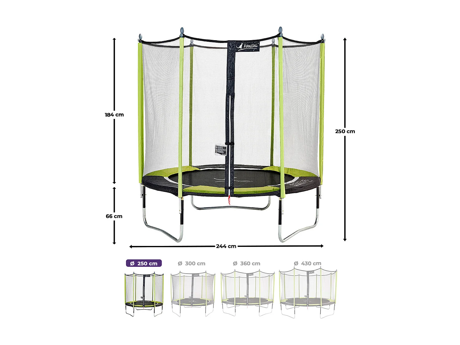 Kangui - Trampoline de jardin 244 cm + filet de sécurité + échelle JUMPI Vert/Noir 250