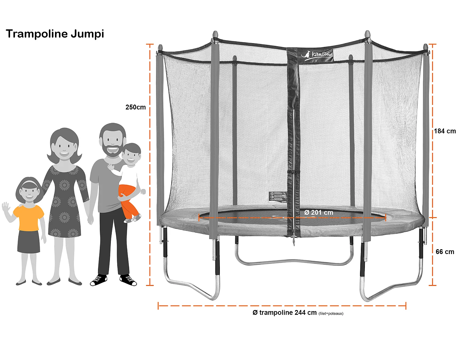 Kangui - Trampoline de jardin 244 cm + filet de sécurité + échelle JUMPI Vert/Noir 250