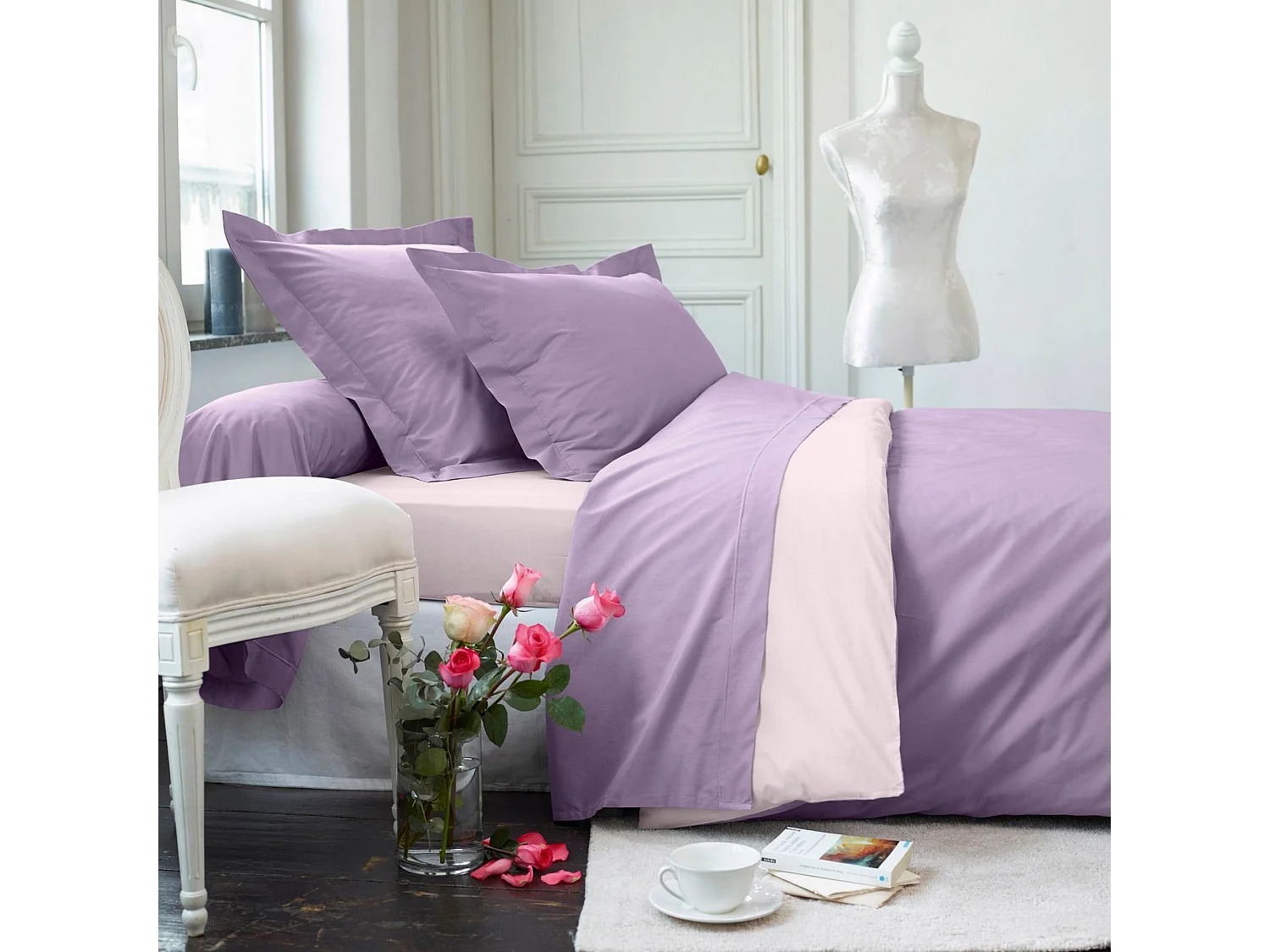 Housse de couette 240x260 + 2 taies d’oreiller Percale de Coton Lilas Violine